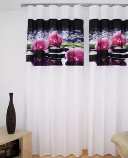 Luxusní hotové závěsy s potiskem 3D Bílá luxusní záclona s černým motivem růžových orchidejí
