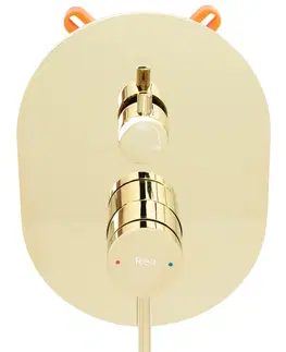 Sprchy a sprchové panely Sprchový set podomítkový Rea Oval s instalačním boxem zlatý - podomítková vanová baterie, dešťová a ruční sprcha