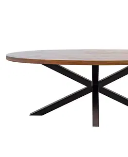 Designové a luxusní jídelní stoly Estila Industriální oválný jídelní stůl Delia z akáciového dřeva hnědé barvy as černýma zkříženýma nohama z kovu 210cm