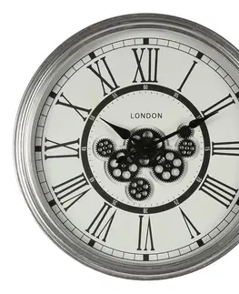 Hodiny Stříbrné antik nástěnné hodiny s ozubenými kolečky London - Ø 60*10 cm Clayre & Eef 5KL0203