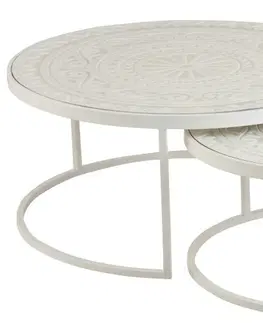 Konferenční stolky Set 2 bílých kovových stolků s ornamentovou deskou - Ø79*36 cm J-Line by Jolipa 1037