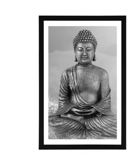 Černobílé Plakát s paspartou socha Buddhy v meditující poloze v černobílém provedení