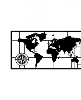 Bytové doplňky a dekorace Hanah Home Nástěnná kovová dekorace Mapa světa kompas II 121x60 cm černá