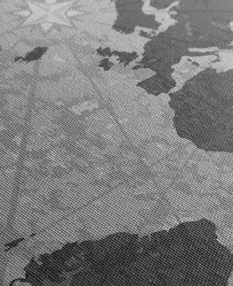 Obrazy mapy Obraz mapa světa s kompasem v retro stylu v černobílém provedení
