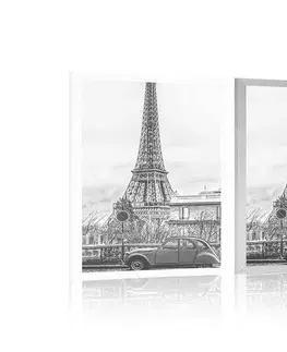 Černobílé Plakát pohled na Eiffelovu věž z ulice Paříže v černobílém provedení