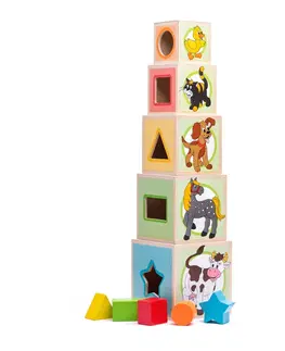 Dřevěné hračky Woody Věž s pěti kostkami Zvířátka, 10,6 x 41 cm
