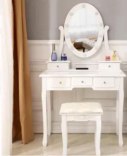 Toaletní stolky Luxusní bílý toaletní stolek s osvětlením a taburetkou