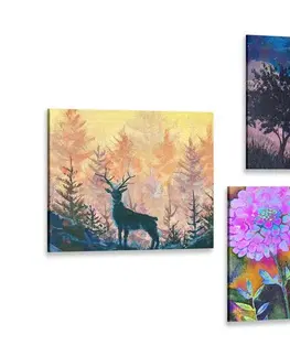 Sestavy obrazů Set obrazů imitace olejomalby jelena v přírodě