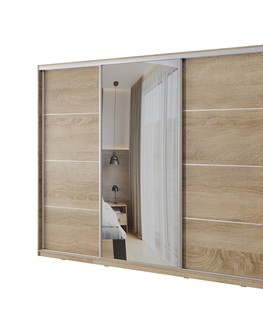 Šatní skříně Šatní skříň NEJBY BARNABA 250 cm s posuvnými dveřmi,zrcadlem,4 šuplíky a 2 šatními tyčemi,dub sonoma
