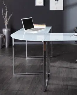 Stylové a luxusní pracovní a psací stoly Estila Luxusní rohový skleněný psací stůl Big Deal bílý