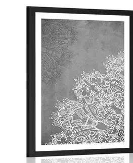 Feng Shui Plakát s paspartou prvky květinové Mandaly v černobílém provedení