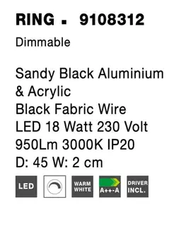 LED nástěnná svítidla NOVA LUCE nástěnné svítidlo RING černý hliník a akryl černý kabel LED 18W 230V 3000K IP20 stmívatelné 9108312
