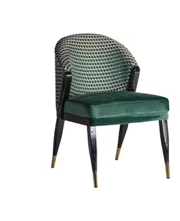 Luxusní jídelní židle Estila Art-deco designová čalouněná jídelní židle Brilon s potahem ze sametu se vzorem zelené barvy na černo-zlatých nohou 84cm
