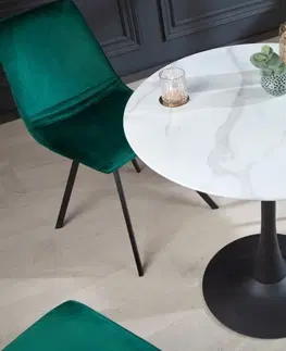 Designové a luxusní jídelní stoly Estila Art deco kulatý jídelní stůl Velma s mramorovou povrchovou deskou bílé barvy a černou podstavou 80cm