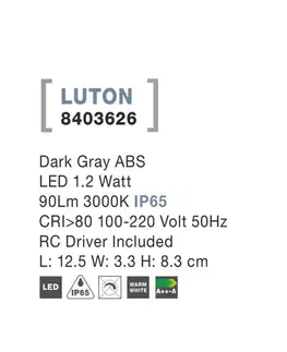LED venkovní nástěnná svítidla NOVA LUCE venkovní nástěnné svítidlo LUTON tmavě šedý ABS LED 1.2W 3000K IP65 100-220V vč. driveru 8403626