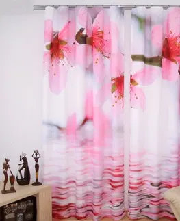 Luxusní hotové závěsy s potiskem 3D Růžovo bílé závěsy s třešňovým větvičkami