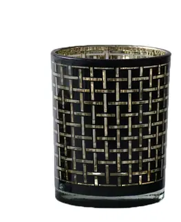 Svícny Černý skleněný svícen Mara na čajovou svíčku s motivem kostek - 10*10*12,5cm Mars & More XMWLZWBM