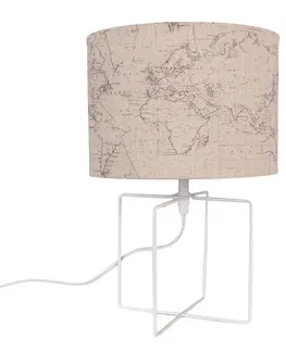 Lampy Bílá stolní lampa s béžovým stínidlem a mapou - Ø 22*34 cm E27/max 1*60W Clayre & Eef 6LMC0066