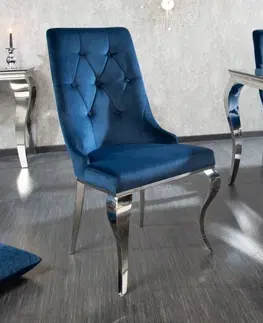 Luxusní jídelní židle Estila Barokní designová jídelní židle Glamour s chromovou konstrukcí a modrým sametovým čalouněním 102cm