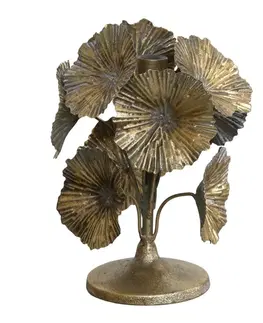 Svícny Bronzový antik kovový svícen zdobený květy Flower - Ø 14*20cm Chic Antique 71088313