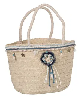 Nákupní tašky a košíky Slaměná plážová taška s korálky a střapci Ecruo - 44*15*45cm J-Line by Jolipa 93658