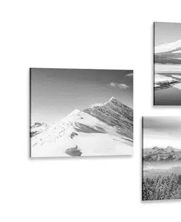 Sestavy obrazů Set obrazů zasněžené hory v černobílém