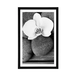 Černobílé Plakát s paspartou wellness kameny a orchidej na dřevěném pozadí v černobílém provedení