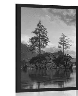 Černobílé Plakát černobílá horská krajina u jezera