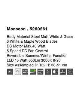 Ventilátory NOVA LUCE stropní ventilátor se světlem MONSOON tělo z oceli matná bílá a sklo 3ABS dřevěné listy LED 18W 3000K 5260261