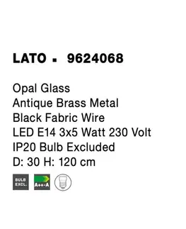 Designová závěsná svítidla NOVA LUCE závěsné svítidlo LATO opálové sklo antický mosazný kov černý kabel E14 3x5W 230V IP20 bez žárovky 9624068