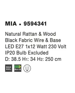 Retro závěsná svítidla NOVA LUCE závěsné svítidlo MIA přírodní ratan a dřevo černý kabel E27 1x12W IP20 bez žárovky 9594341