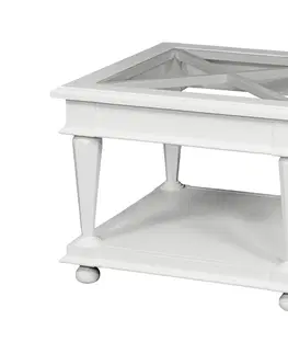 Designové a luxusní konferenční stolky Estila Bílý rustikální dřevěný čtvercový příruční stolek Belliene z masivu v bílé barvě se skleněnou povrchovou deskou 60cm