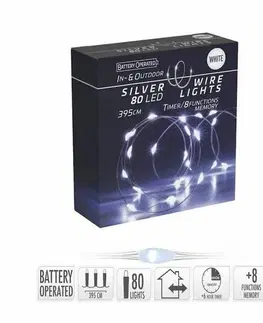 Vánoční dekorace Světelný drát s časovačem Silver lights 80 LED, studená bílá, 395 cm