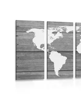 Obrazy mapy 5-dílný obraz černobílá mapa světa s dřevěným pozadím