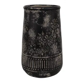 Dekorativní vázy Černo-šedá keramická váza s květy - Ø 15*23 cm  Clayre & Eef 6CE1709
