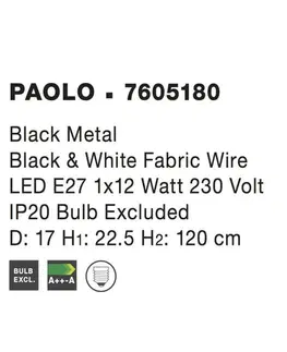 Industriální závěsná svítidla NOVA LUCE závěsné svítidlo PAOLO závěsné svítidlo matný černý kov černá a bílý kabel E27 1x12W 7605180