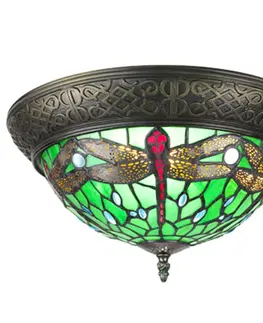 Svítidla Zelené stropní Tiffany světlo s vážkami Dragonfly - Ø 38*20 cm E14/max 2*25W Clayre & Eef 5LL-6264