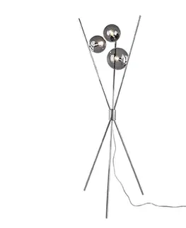 Stojaci lampy Designová stojací lampa stříbrná s kouřovým sklem 3-světlo - Stino