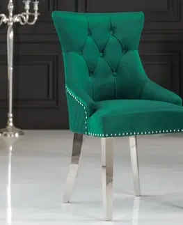 Luxusní a designová křesla a fotely Estila Zámecká stylová jídelní židle Eleanor se sametovým smaragdově zeleným čalouněním a stříbrnými nohami 94cm
