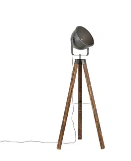 Stojaci lampy Průmyslová stojací lampa stativ ocelový s naklápěcím dřevem - Emado