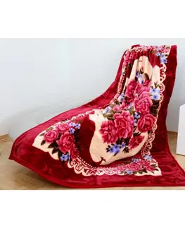 Hrubé deky 160 x 210cm - akrylové Teplá deka s květinami červené barvy