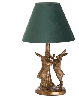 Designové a luxusní noční lampy do ložnice Estila Designová stolní lampa Liebre se zlatým podstavcem se zajíci as tmavozeleným stínítkem 48cm