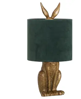 Designové a luxusní noční lampy do ložnice Estila Designová stolní lampa Jarron Gold s podstavcem ve tvaru králíka a se zeleným stínítkem 50cm