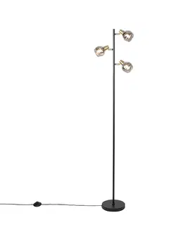 Stojaci lampy Stojací lampa ve stylu art deco černé a zlaté s kouřovým sklem 3-světlo - Vidro