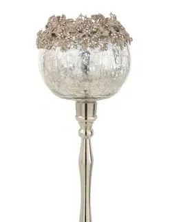 Svícny Skleněný svicen na nožičce se stříbrným zdobením a kamínky Luxy - Ø  12*33 cm J-Line by Jolipa 7785