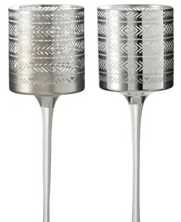 Svícny 2ks stříbrný skleněný svícen na noze s etnickým vzorem L - 10*10*30 cm J-Line by Jolipa 75116