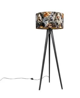 Stojaci lampy Stojací lampa stativ černý se stínidlem květy 50 cm - Tripod Classic
