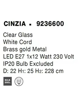 Designová závěsná svítidla NOVA LUCE závěsné svítidlo CINZIA čiré sklo bílý kabel mosazný zlatý kov E27 1x12W 230V IP20 bez žárovky 9236600