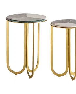 Designové a luxusní konferenční stolky Estila Art-deco set dvou kulatých příručních stolků Corbusier s kovovými nohami zlaté barvy a mramorovými povrchovými deskami 64cm