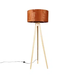 Stojaci lampy Stojací lampa dřevěná s látkovým stínidlem oranžová 50 cm - Tripod Classic